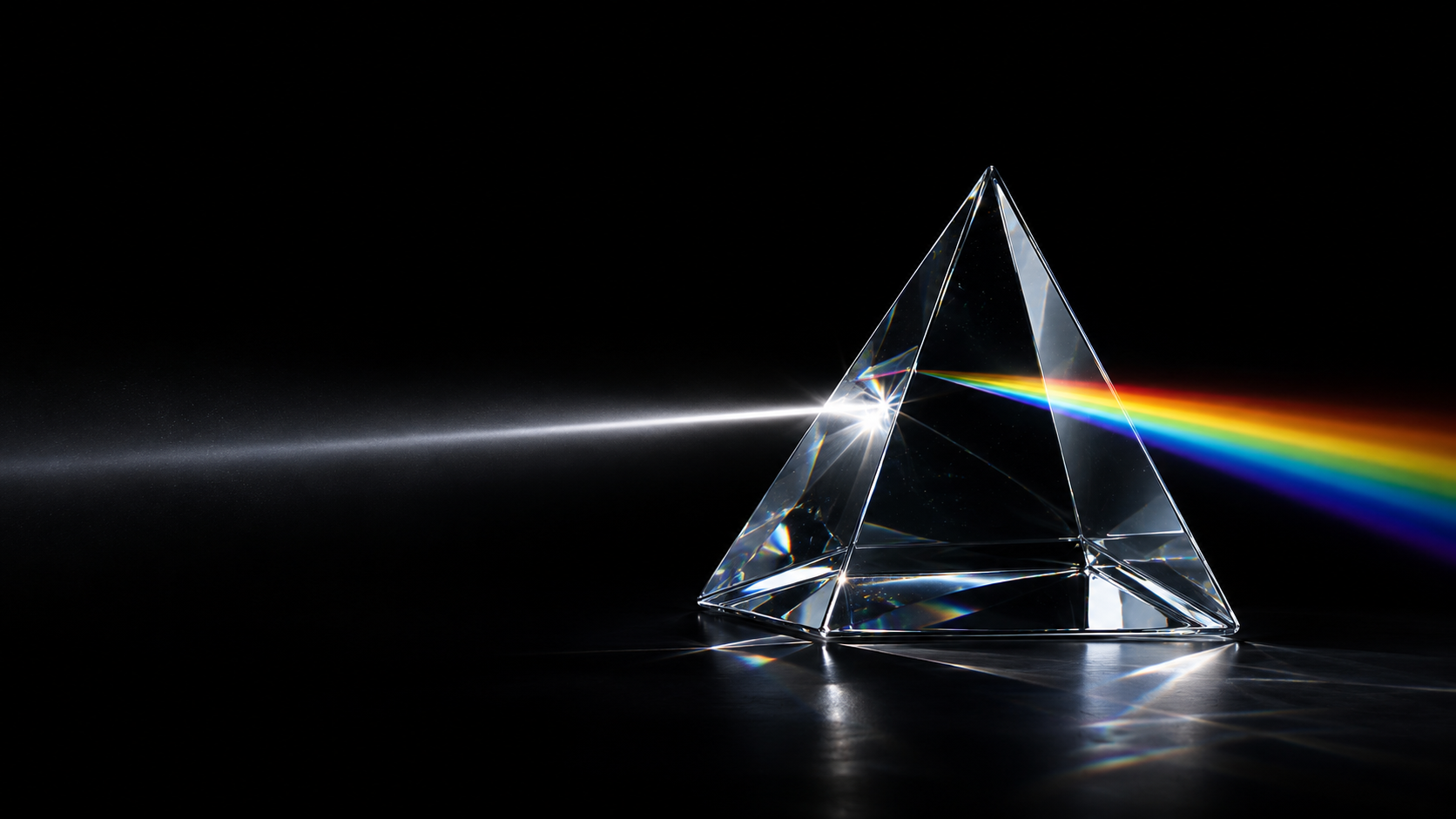 A cut-glass prism refracting a beam of light into colour